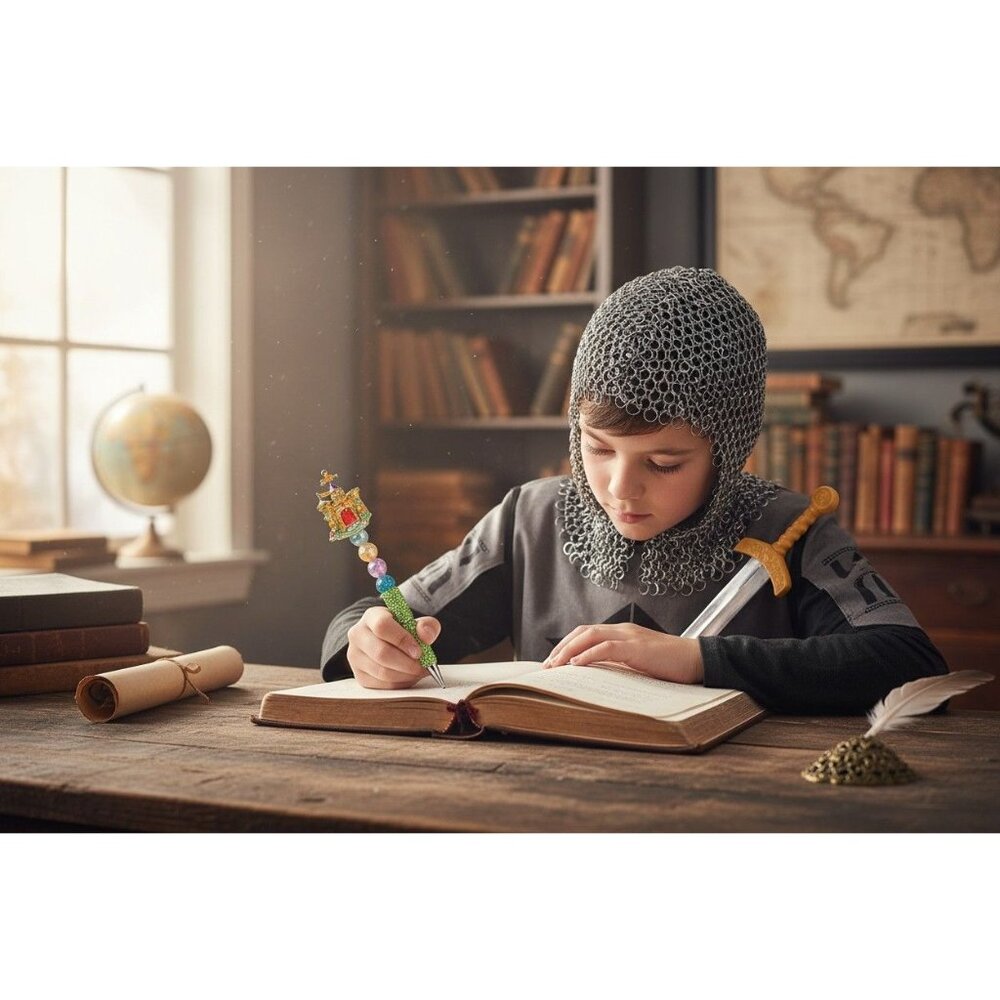 Castle-Themed Decorative Pen With Beaded Handle & Enamel Accents